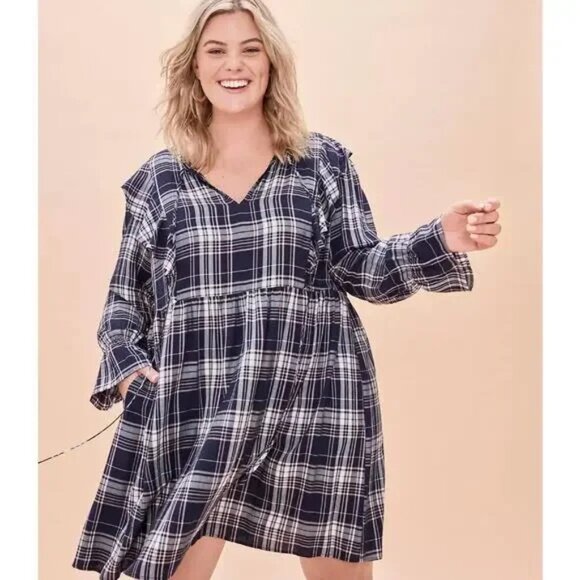 LOFT Plus Navy Plaid Ruffle Swing Dress Size 16 - Picture 1 of 7